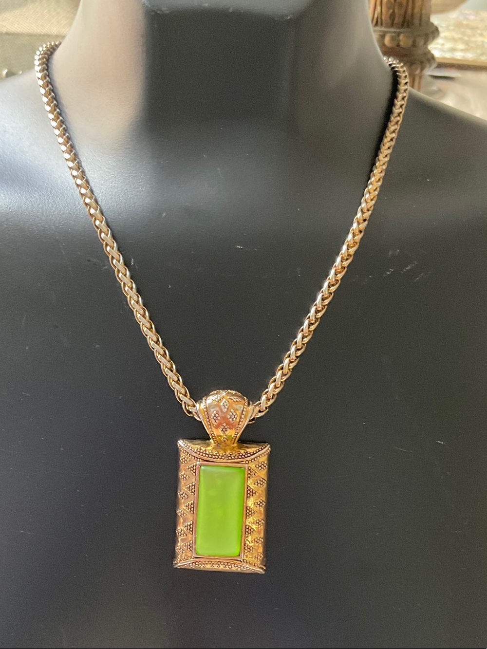 Gold-Tone Pendant Necklace with Bright Lime Green Stone